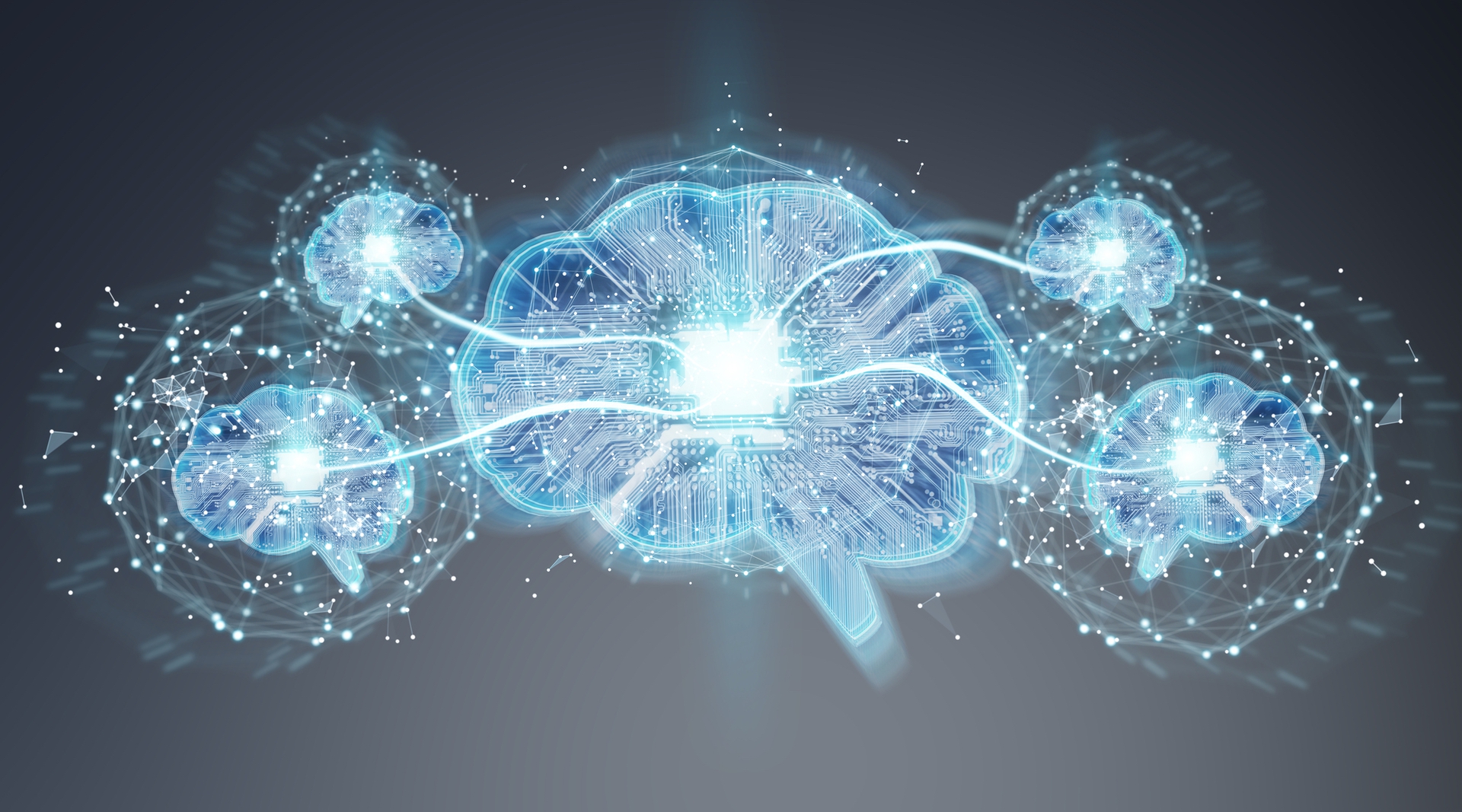 several graphic brains floating and connected with graphic lines